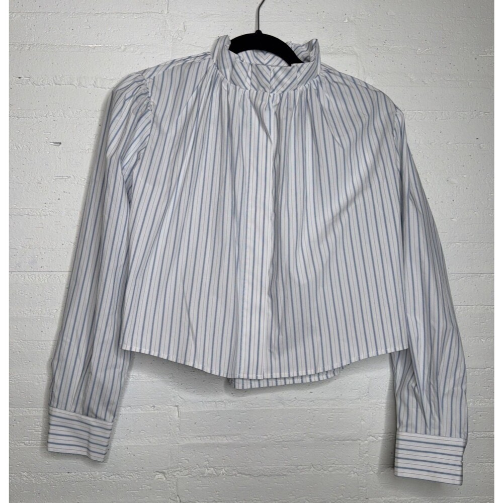 Tuckernuck Blue White Stripe Blouse Cropped Stand-Up Ruffle Collar S Preppy
